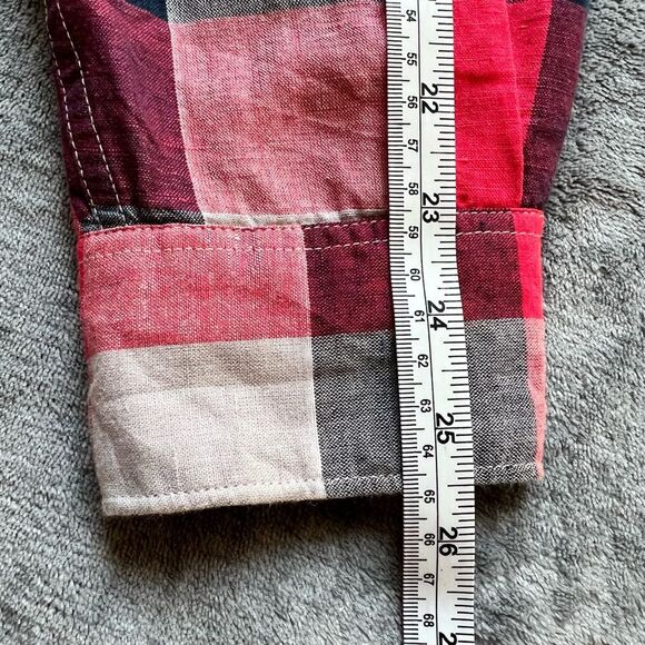 Perry Ellis Sz M Linen Cotton Blend Plaid Red Long Sleeve Shirt Button Down - Picture 8 of 14